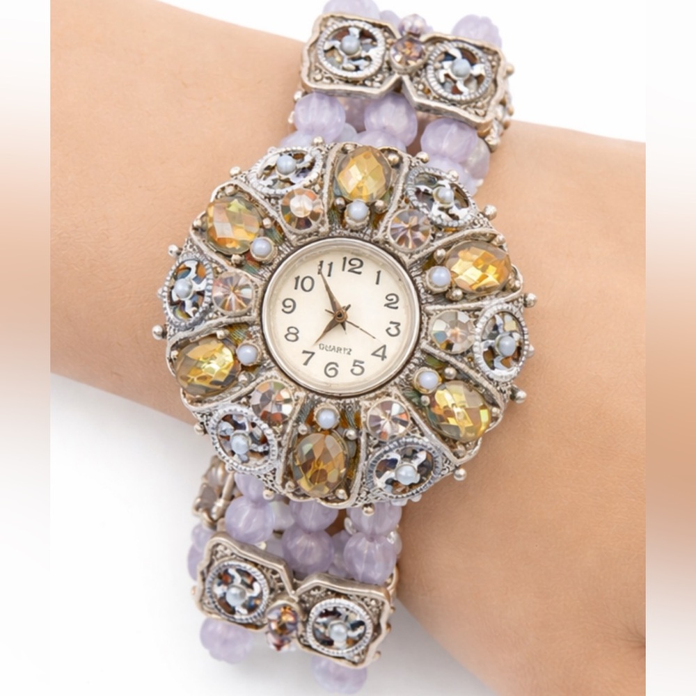 Vintage-Inspired Lavender Beaded Bracelet Watch with Amber Crystals